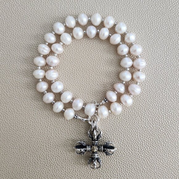 EDISON FRESHWATER PEARL NECKLACE W/ 925 DORJE/CROSS--18" - Picture 1 of 2